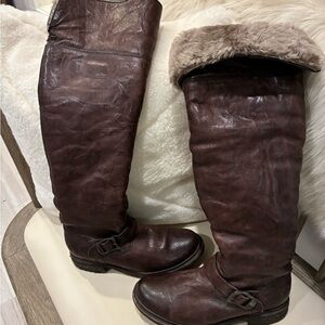 Frye Brown Heeled Boots with Fur Trim